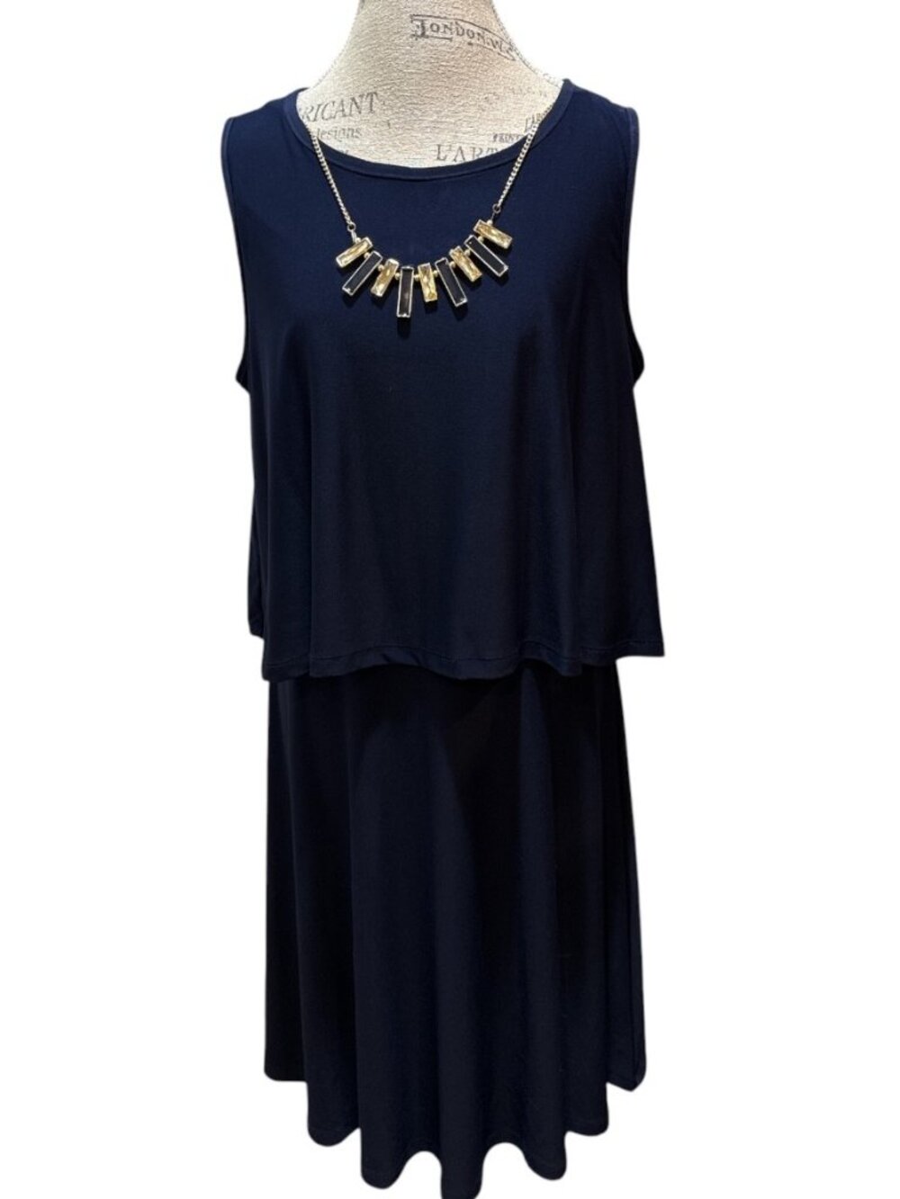 JSP Sz L Navy Blue Sleeveless Layered Stretchy Dress w/ Removable Necklace